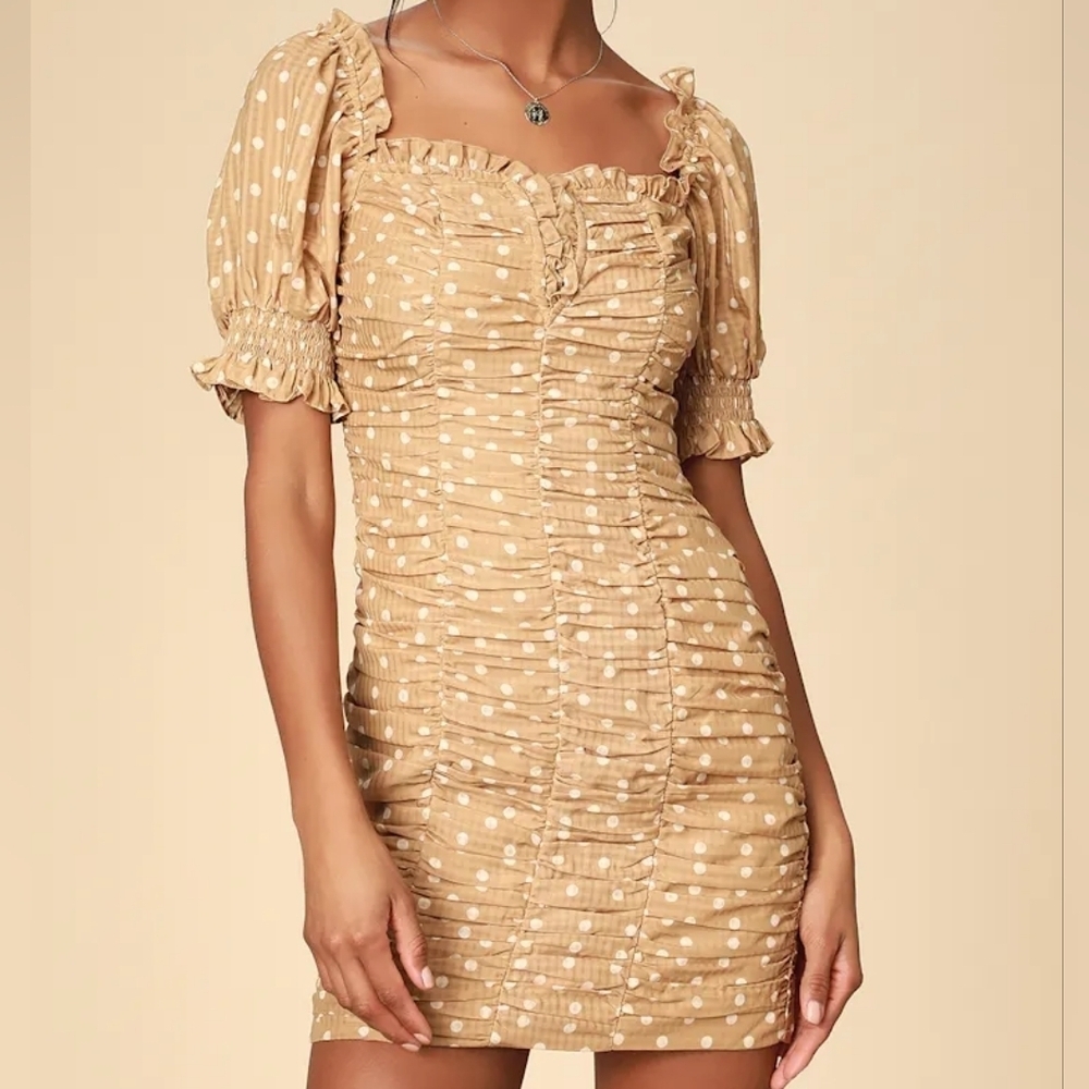 Finders Keepers Rosie Tan Polka Dot Ruched Fitted Feminine Mini Dress Size Small